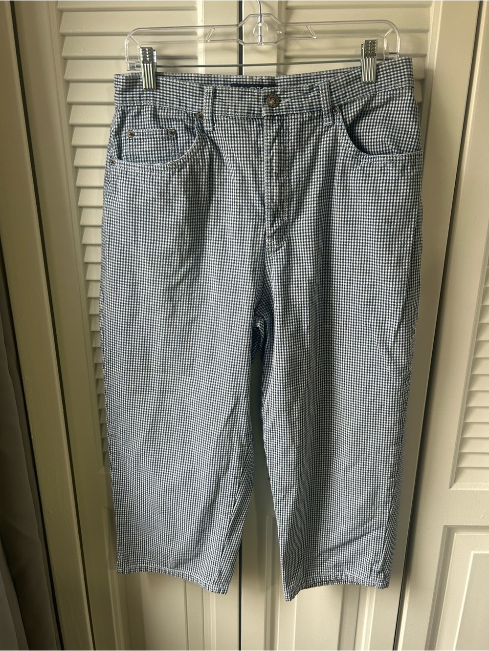 Halston Heritage Blue & White Gingham Cropped Jeans